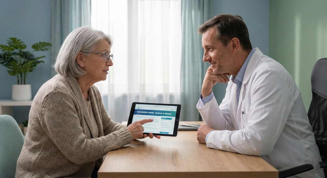 Idősebb nő kérdéseket jegyzetel az orvosának ízületei kapcsán