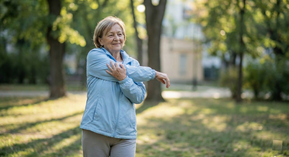 Mosolygó idősebb nő sétál a parkban, ízületi komforttal