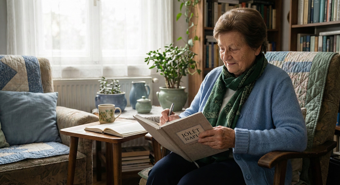 Idősebb nő nyugodt, ízületbarát életmódot tervez otthon